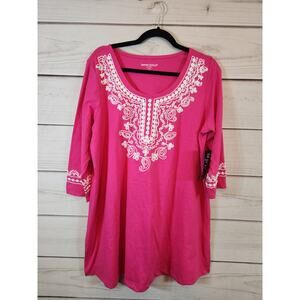 Woman Within Women's Pink Embroidered Cotton 3/4 Sleeve Tunic Blouse‎ Size 14/16